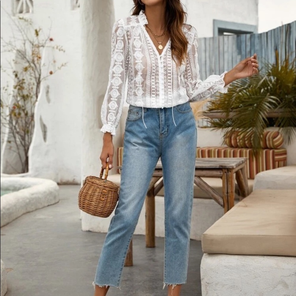 White Lace  button down top - Picture 4 of 6